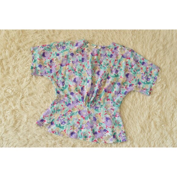 Vintage 80s Semi-Sheer Floral Polyester Peplum‎ blouse | size 8 - Picture 7 of 10